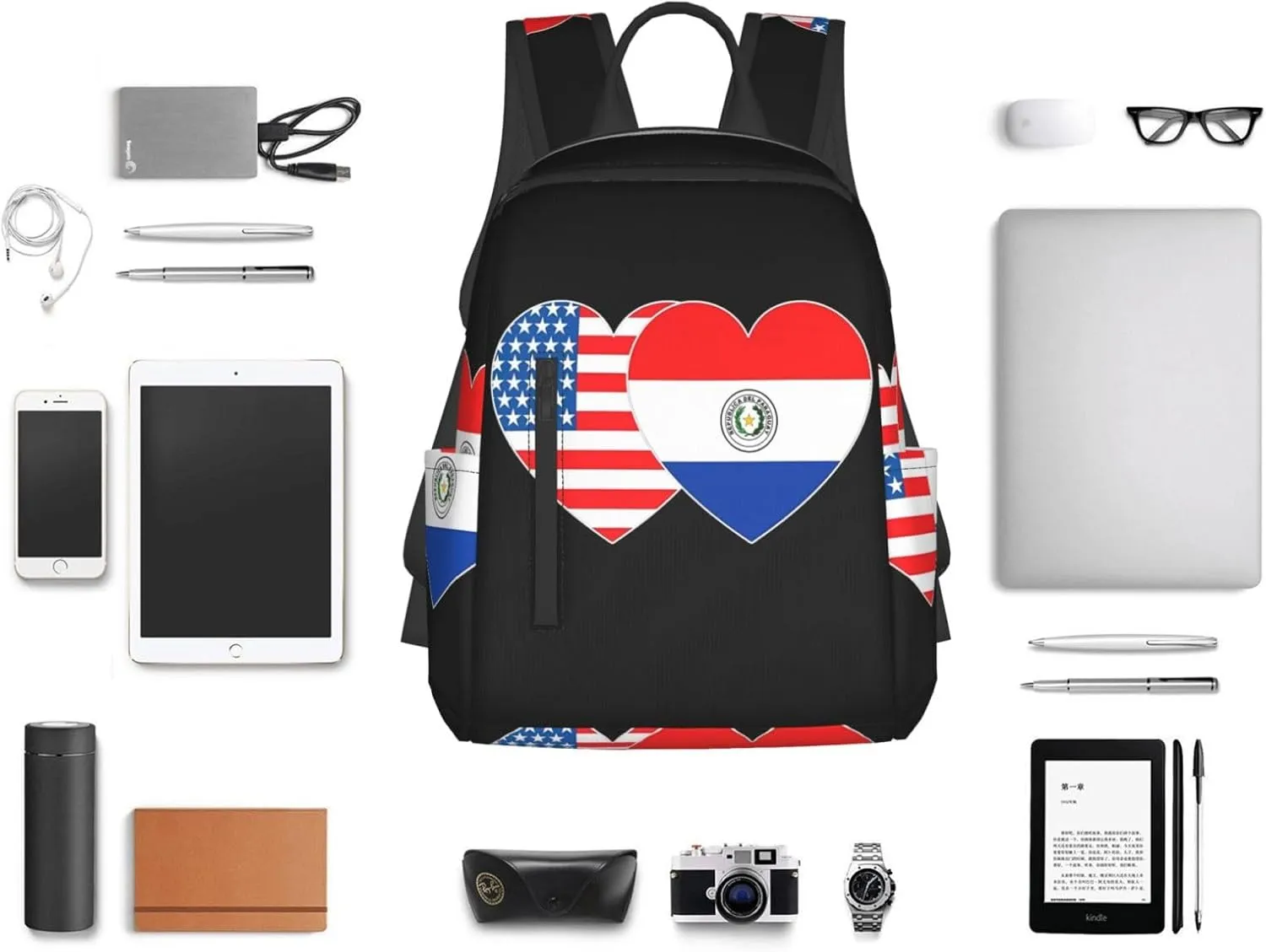 Paraguay America Flag Twin Heart for Paraguayan Americans Travel Backpacks Casual Laptop Backpack Sport Rucksack Large Capacity Daypack Multi-Pockets Adjustable Strap Bag for Working Hiking