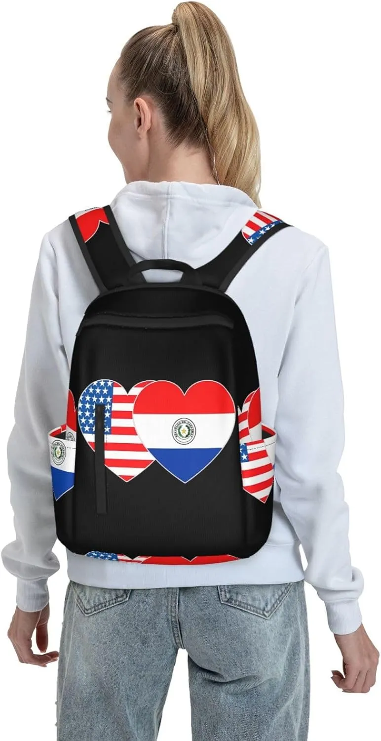 Paraguay America Flag Twin Heart for Paraguayan Americans Travel Backpacks Casual Laptop Backpack Sport Rucksack Large Capacity Daypack Multi-Pockets Adjustable Strap Bag for Working Hiking