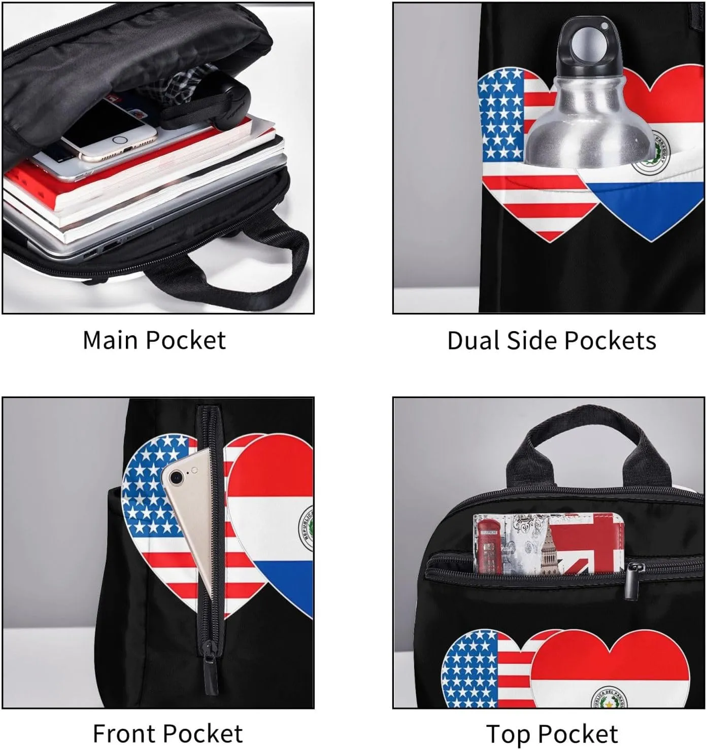 Paraguay America Flag Twin Heart for Paraguayan Americans Travel Backpacks Casual Laptop Backpack Sport Rucksack Large Capacity Daypack Multi-Pockets Adjustable Strap Bag for Working Hiking