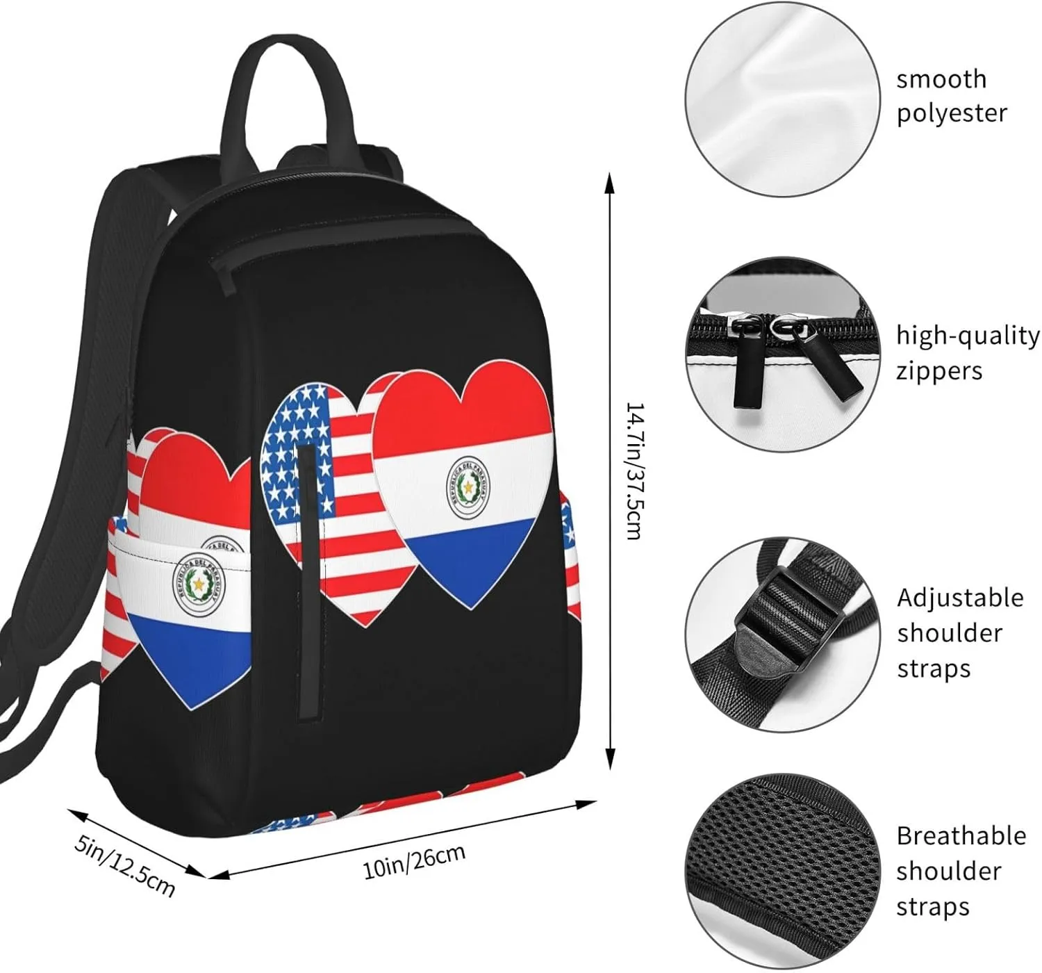 Paraguay America Flag Twin Heart for Paraguayan Americans Travel Backpacks Casual Laptop Backpack Sport Rucksack Large Capacity Daypack Multi-Pockets Adjustable Strap Bag for Working Hiking