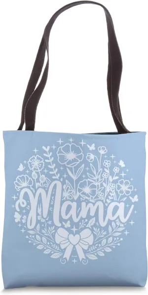 Pastel Baby Blue Heart Mama Bow Minimalist Floral Wildflower Tote Bag
