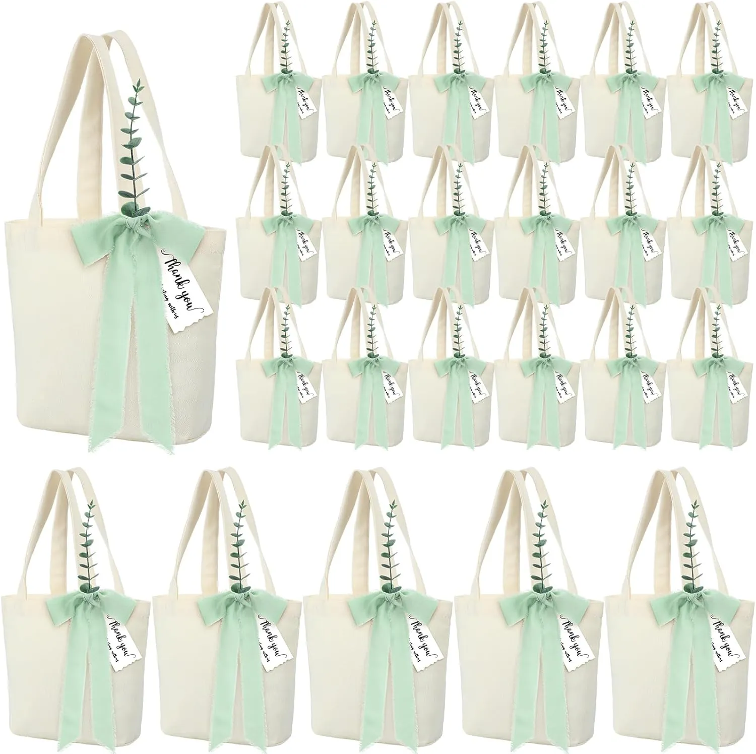 Paterr 75 Pcs 24 Sets Wedding Welcome Bags Bulk for Guests with Handle Reusable Canvas Gift Bags with Chiffon Ribbon Eucalyptus Stems Cards for Wedding Baby Shower Party Favor