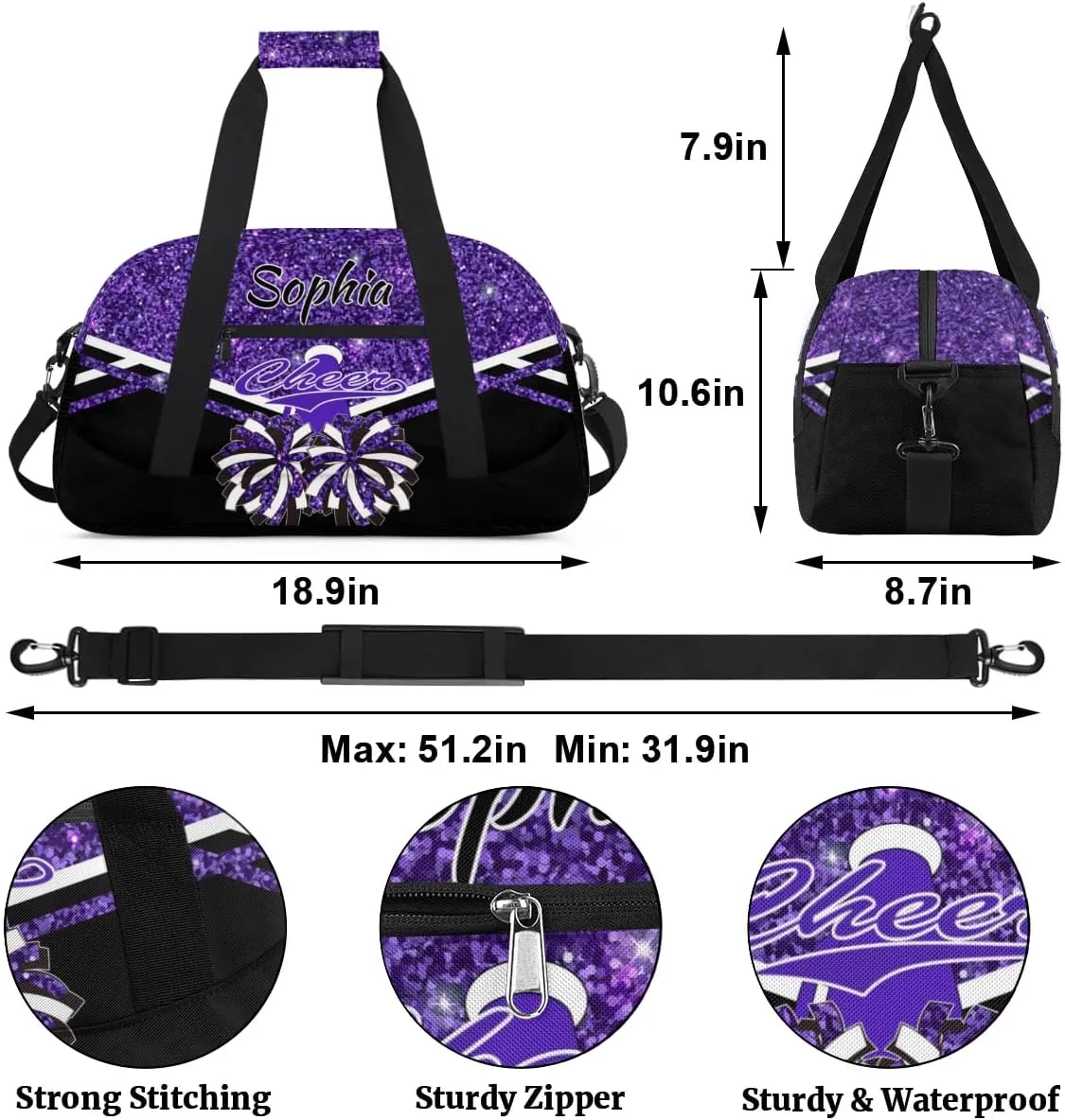 Personalised Name Cheer Cheerleader Bags, Custom Dancing Sports Duffle Bag Gym Cheerleading Bag Travel Duffel Perform Training Bag, Overnight Weekender Bags, Deep Purple Glitter (No Glitter)