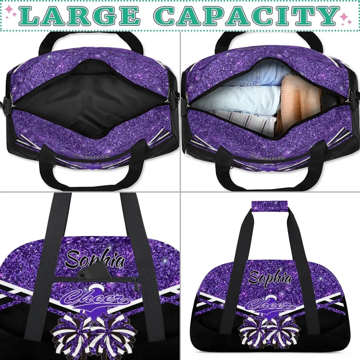 Personalised Name Cheer Cheerleader Bags, Custom Dancing Sports Duffle Bag Gym Cheerleading Bag Travel Duffel Perform Training Bag, Overnight Weekender Bags, Deep Purple Glitter (No Glitter)