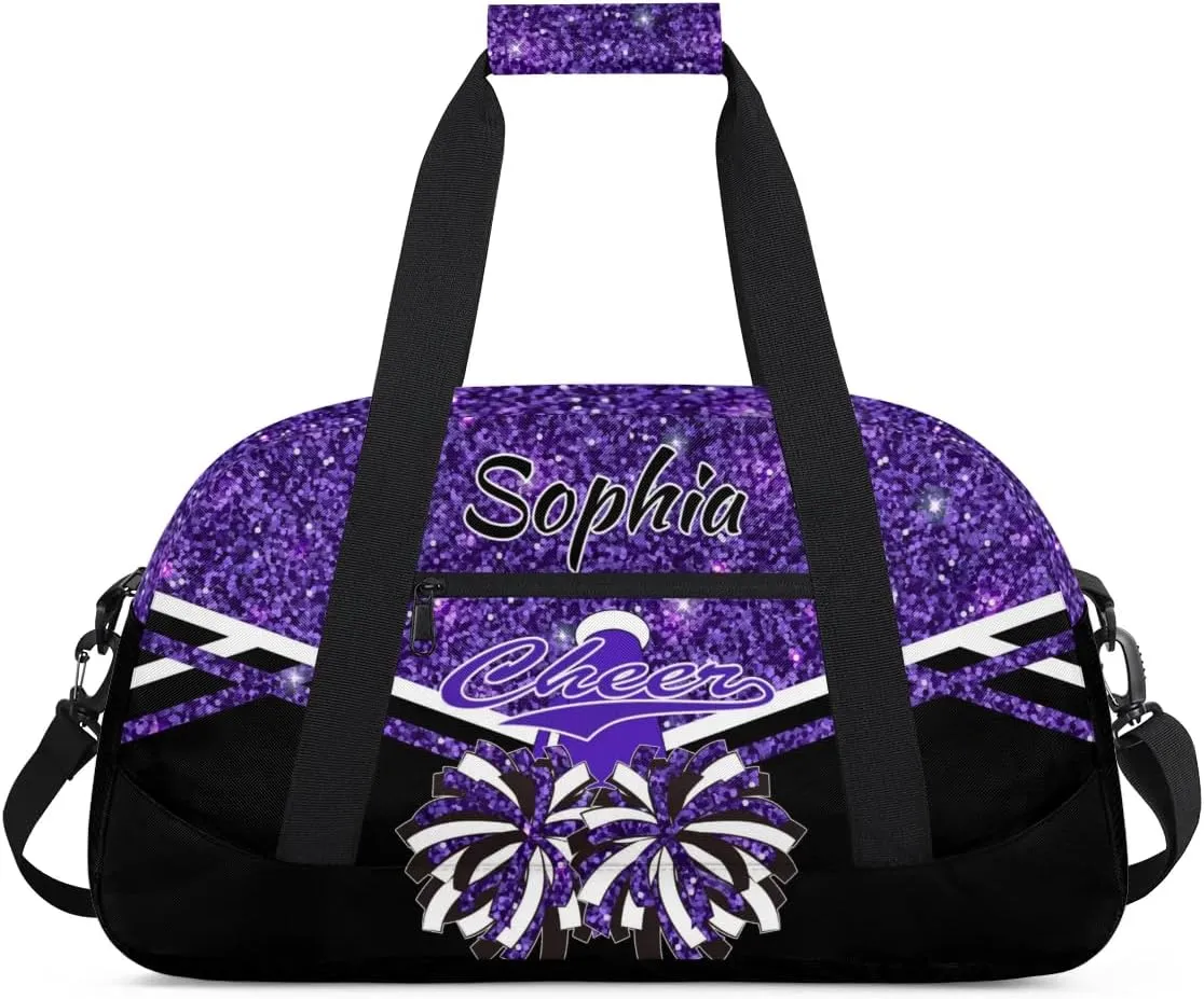 Personalised Name Cheer Cheerleader Bags, Custom Dancing Sports Duffle Bag Gym Cheerleading Bag Travel Duffel Perform Training Bag, Overnight Weekender Bags, Deep Purple Glitter (No Glitter)