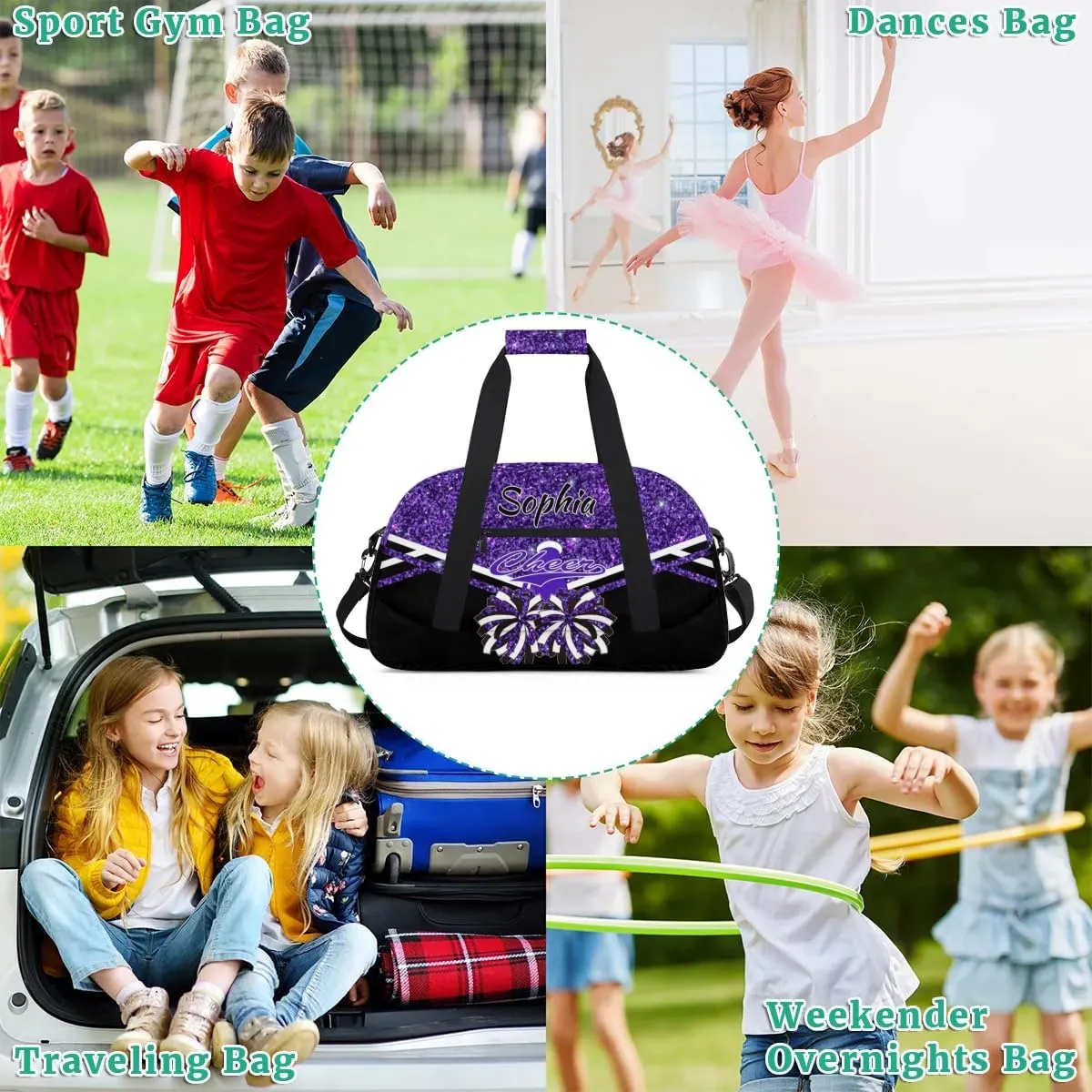 Personalised Name Cheer Cheerleader Bags, Custom Dancing Sports Duffle Bag Gym Cheerleading Bag Travel Duffel Perform Training Bag, Overnight Weekender Bags, Deep Purple Glitter (No Glitter)
