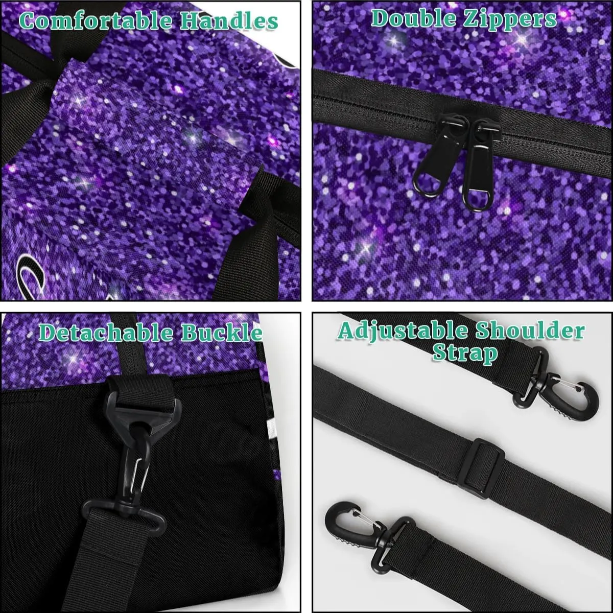 Personalised Name Cheer Cheerleader Bags, Custom Dancing Sports Duffle Bag Gym Cheerleading Bag Travel Duffel Perform Training Bag, Overnight Weekender Bags, Deep Purple Glitter (No Glitter)
