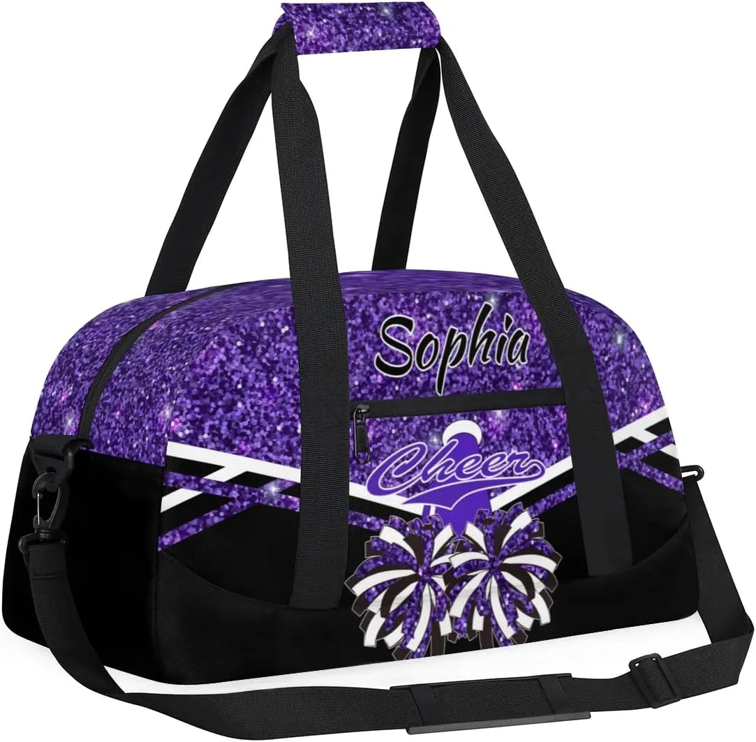 Personalised Name Cheer Cheerleader Bags, Custom Dancing Sports Duffle Bag Gym Cheerleading Bag Travel Duffel Perform Training Bag, Overnight Weekender Bags, Deep Purple Glitter (No Glitter)