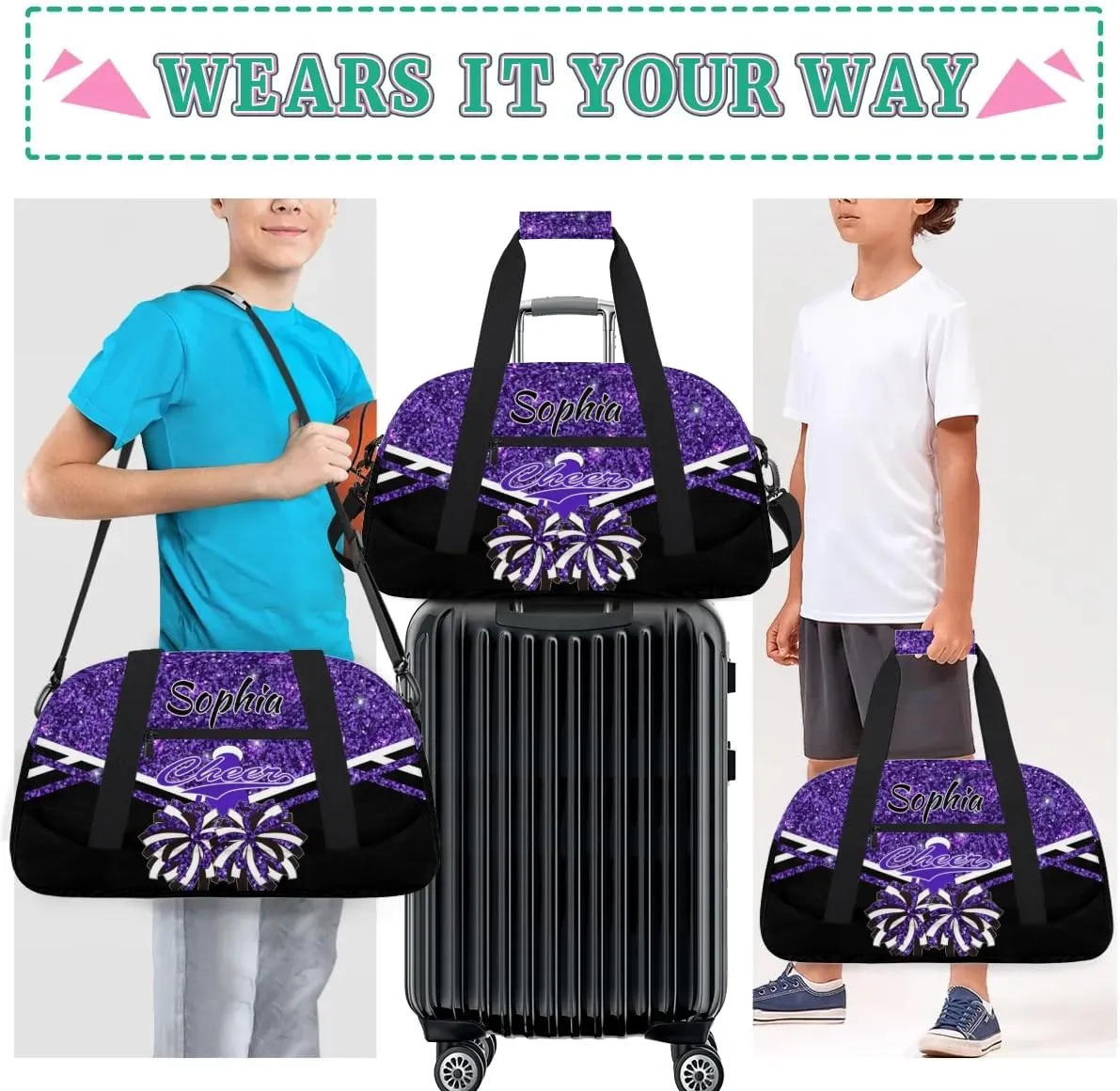 Personalised Name Cheer Cheerleader Bags, Custom Dancing Sports Duffle Bag Gym Cheerleading Bag Travel Duffel Perform Training Bag, Overnight Weekender Bags, Deep Purple Glitter (No Glitter)