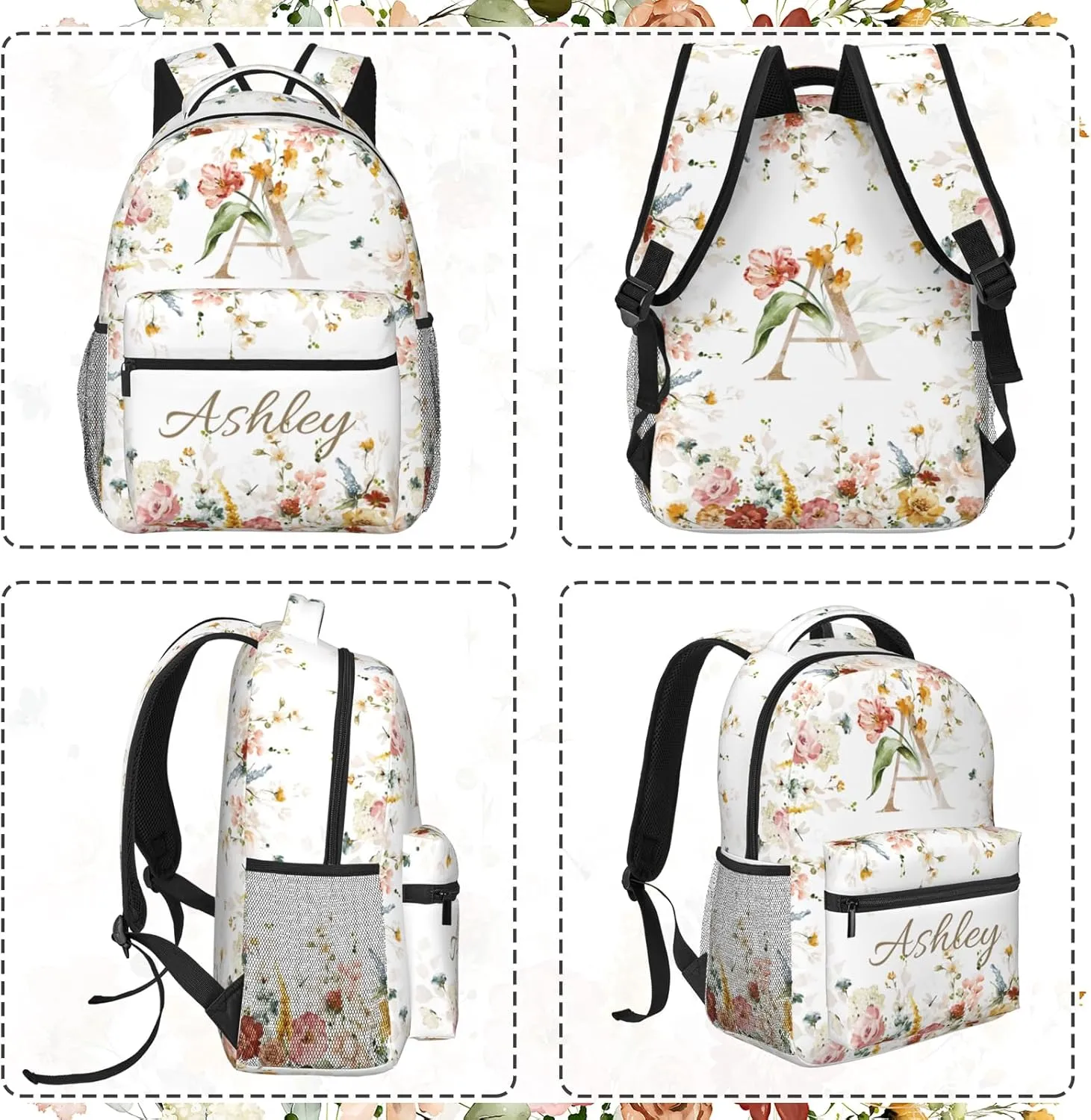 Personalized Backpack for Girls Boys, Custom Backpacks with Name for Kids, Customized Flowers School Bookbag for Back to School Travel Picnic 16in