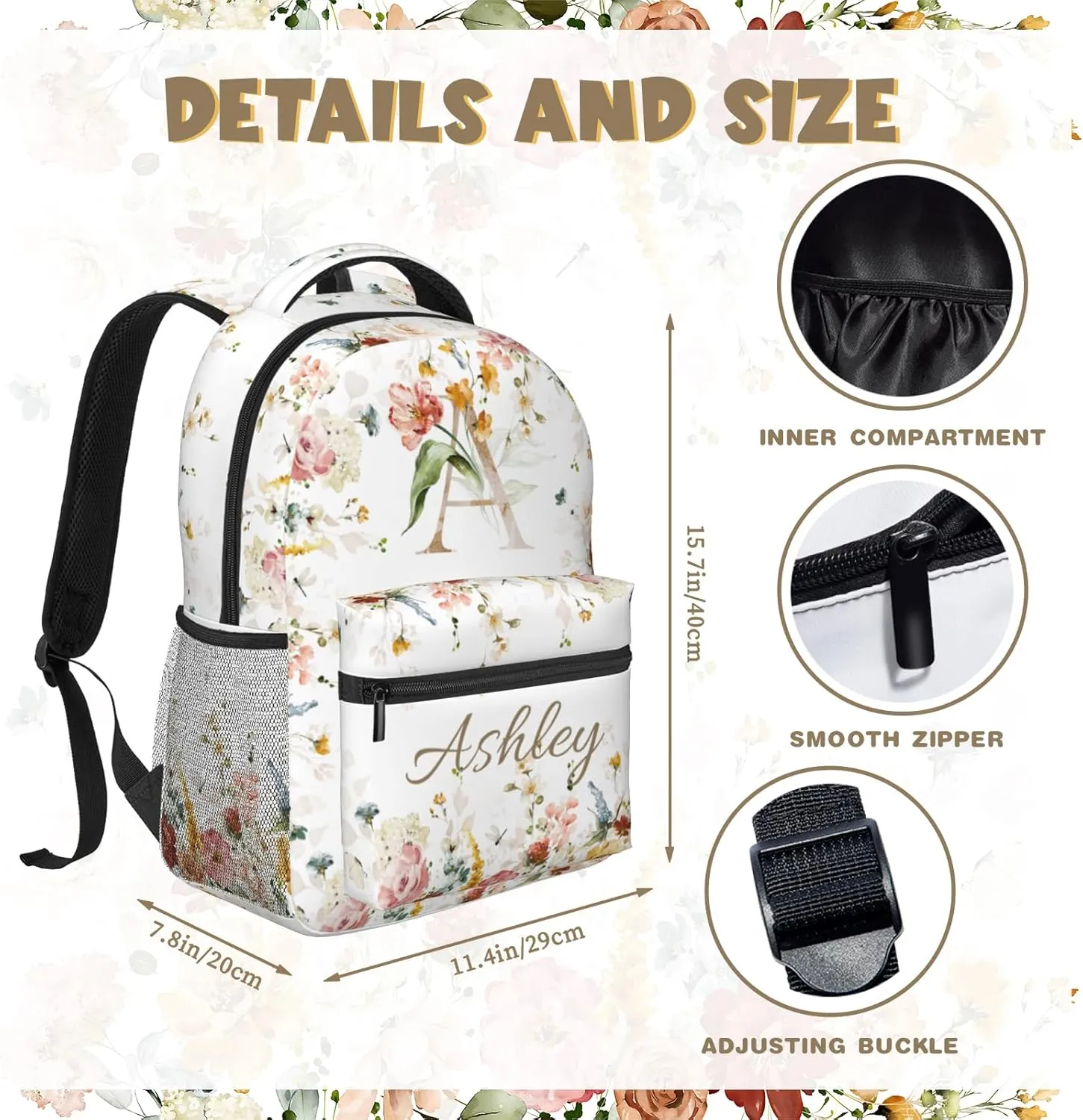 Personalized Backpack for Girls Boys, Custom Backpacks with Name for Kids, Customized Flowers School Bookbag for Back to School Travel Picnic 16in