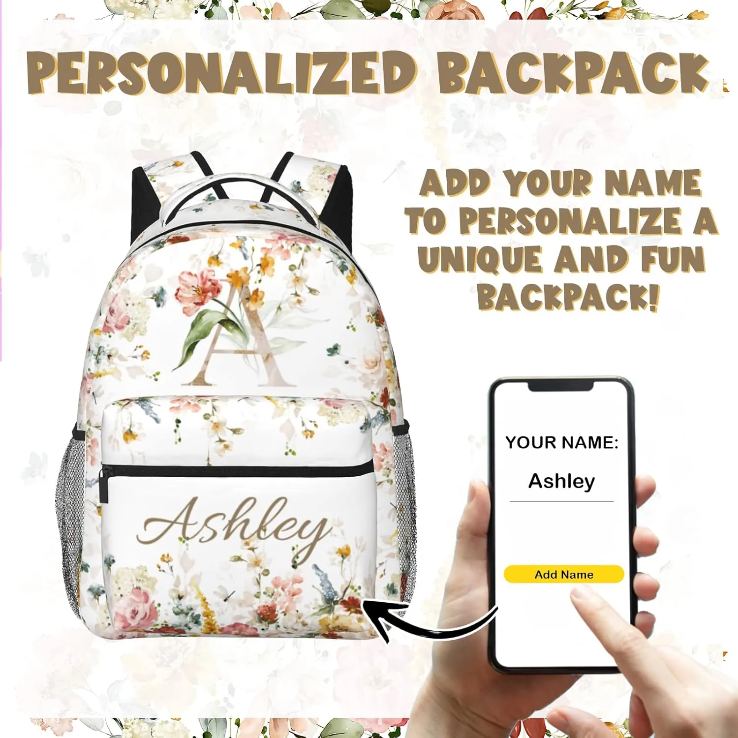 Personalized Backpack for Girls Boys, Custom Backpacks with Name for Kids, Customized Flowers School Bookbag for Back to School Travel Picnic 16in