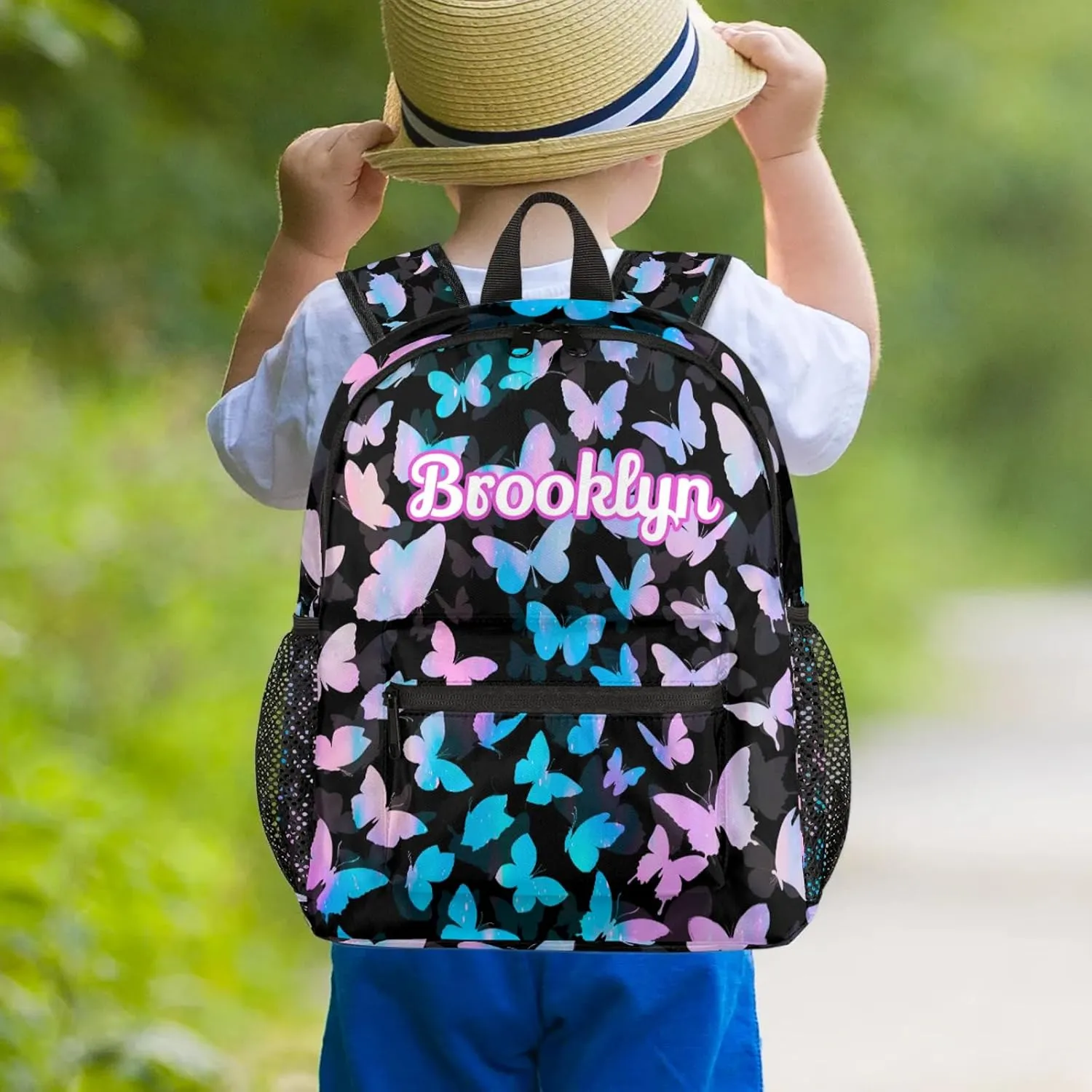 Personalized Butterfly Backpack with Name Custom Shoulder Bags for Women Men Waterproof Travel Casual Daypack Laptop Bag Gifts 12in, Blue Pink Glitter