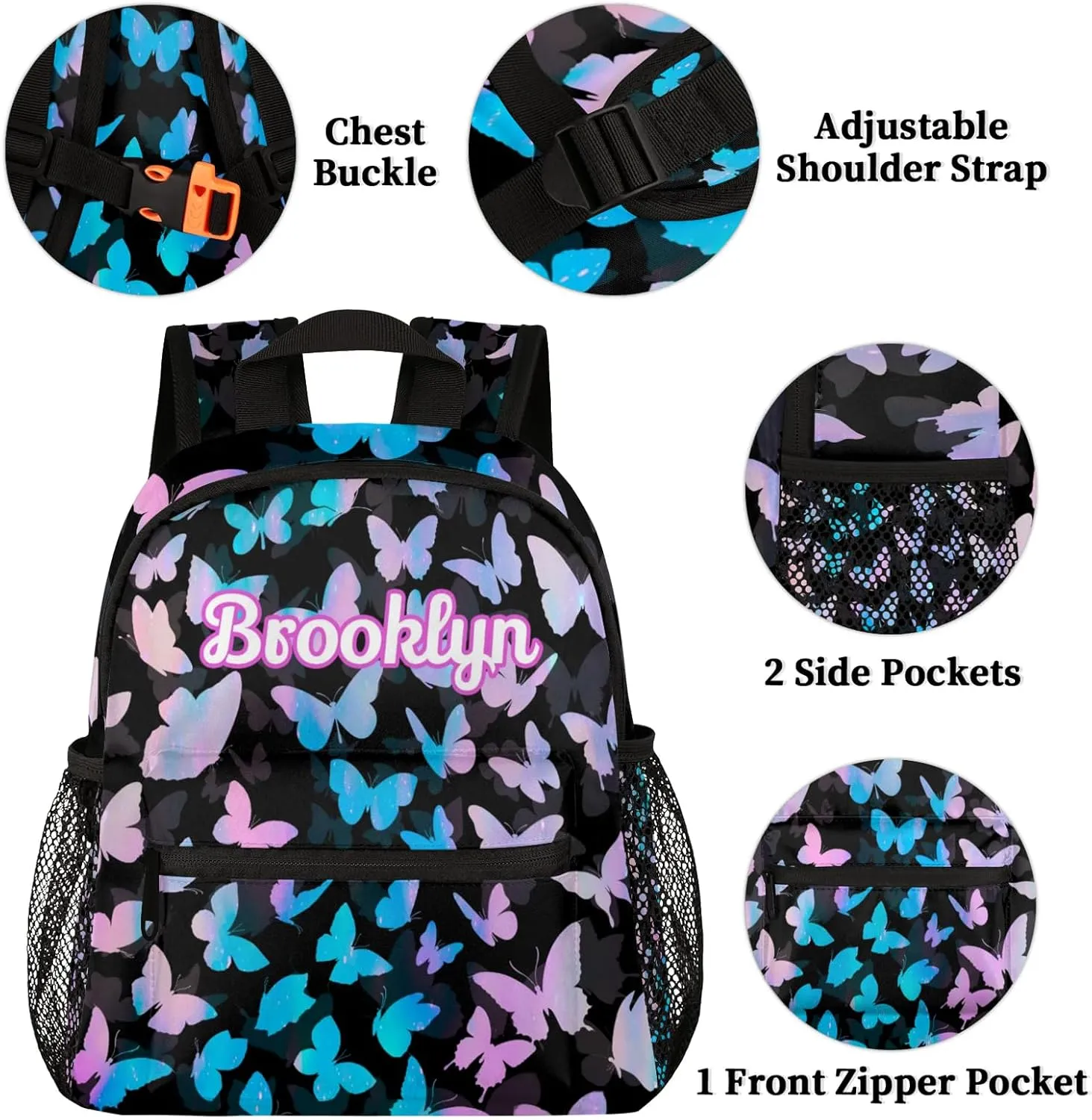 Personalized Butterfly Backpack with Name Custom Shoulder Bags for Women Men Waterproof Travel Casual Daypack Laptop Bag Gifts 12in, Blue Pink Glitter