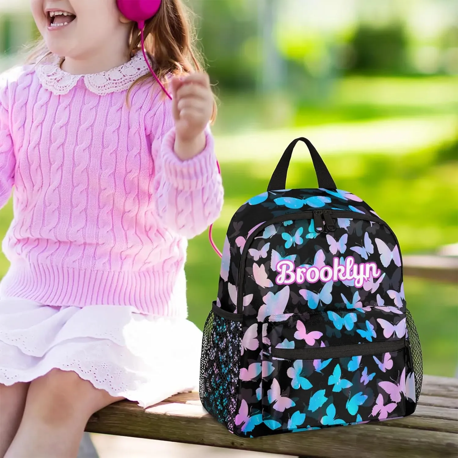 Personalized Butterfly Backpack with Name Custom Shoulder Bags for Women Men Waterproof Travel Casual Daypack Laptop Bag Gifts 12in, Blue Pink Glitter