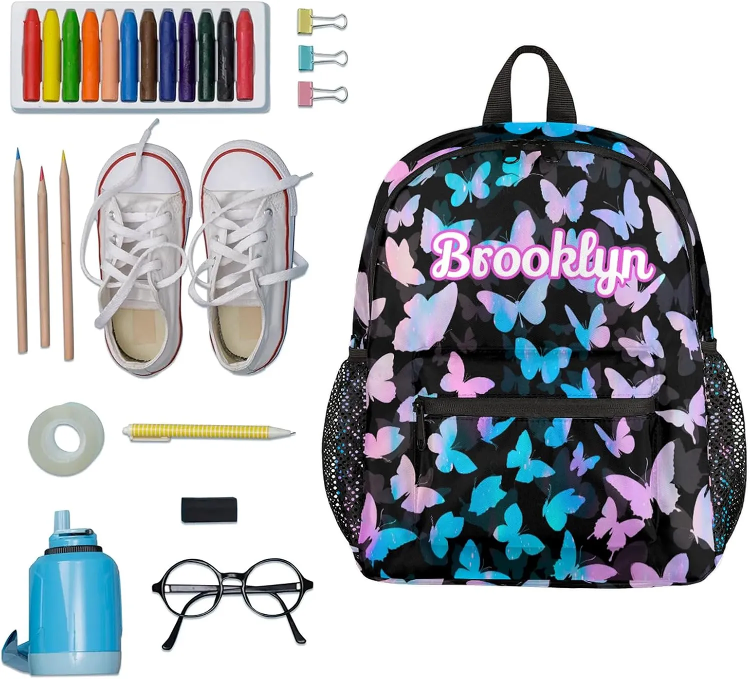 Personalized Butterfly Backpack with Name Custom Shoulder Bags for Women Men Waterproof Travel Casual Daypack Laptop Bag Gifts 12in, Blue Pink Glitter