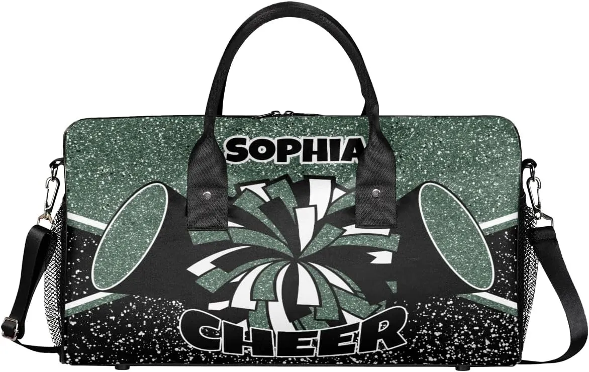Personalized Cheer Bag for Cheerleaders Custom Sport Duffel Bag Gym Bag Travel Duffle Bag Overnight Weekender Bag with Name, Glitter Dark Green