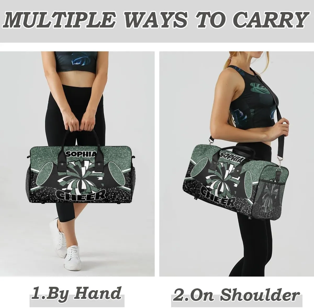 Personalized Cheer Bag for Cheerleaders Custom Sport Duffel Bag Gym Bag Travel Duffle Bag Overnight Weekender Bag with Name, Glitter Dark Green