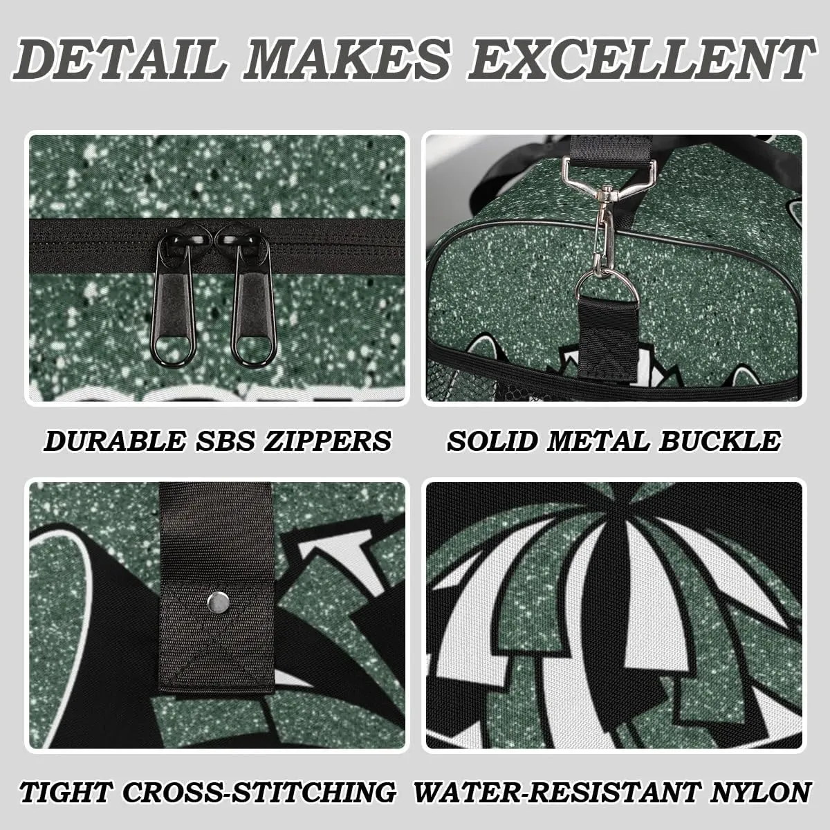 Personalized Cheer Bag for Cheerleaders Custom Sport Duffel Bag Gym Bag Travel Duffle Bag Overnight Weekender Bag with Name, Glitter Dark Green