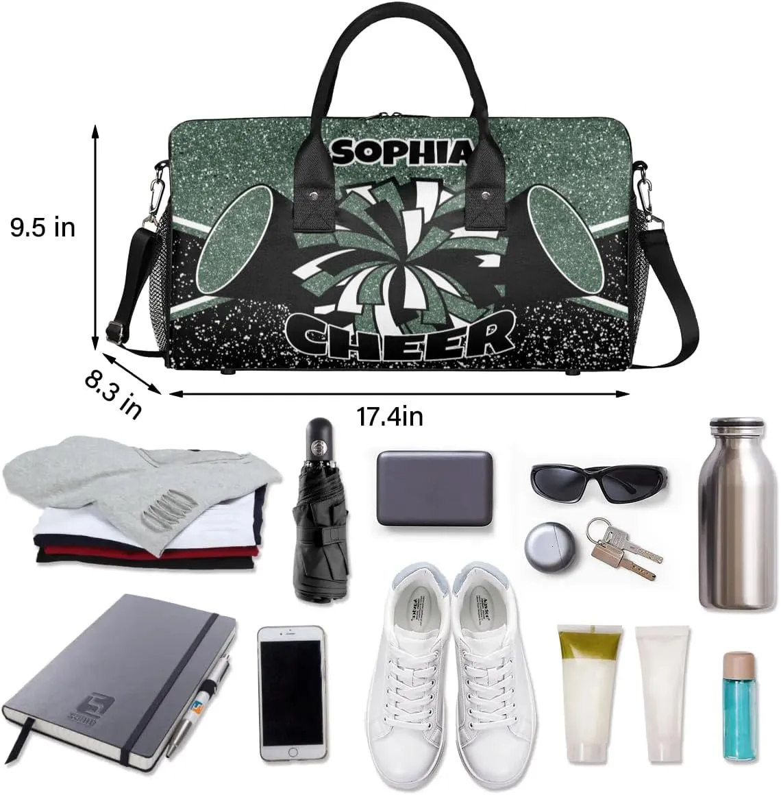 Personalized Cheer Bag for Cheerleaders Custom Sport Duffel Bag Gym Bag Travel Duffle Bag Overnight Weekender Bag with Name, Glitter Dark Green