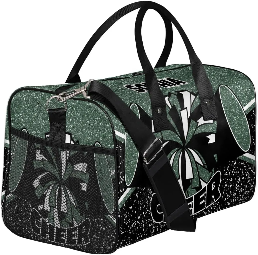Personalized Cheer Bag for Cheerleaders Custom Sport Duffel Bag Gym Bag Travel Duffle Bag Overnight Weekender Bag with Name, Glitter Dark Green