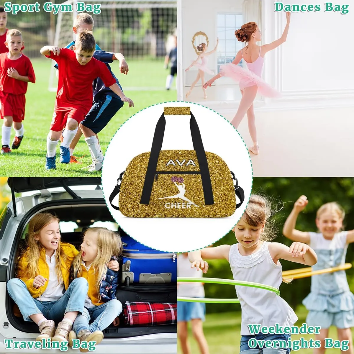 Personalized Cheer Bag Girl Sport Duffel Bag, Cheerleader Golden Glitter Pattern Customize Travel Duffle Bag with Name, Overnight Weekender Bags, School Perform Cheer Bag