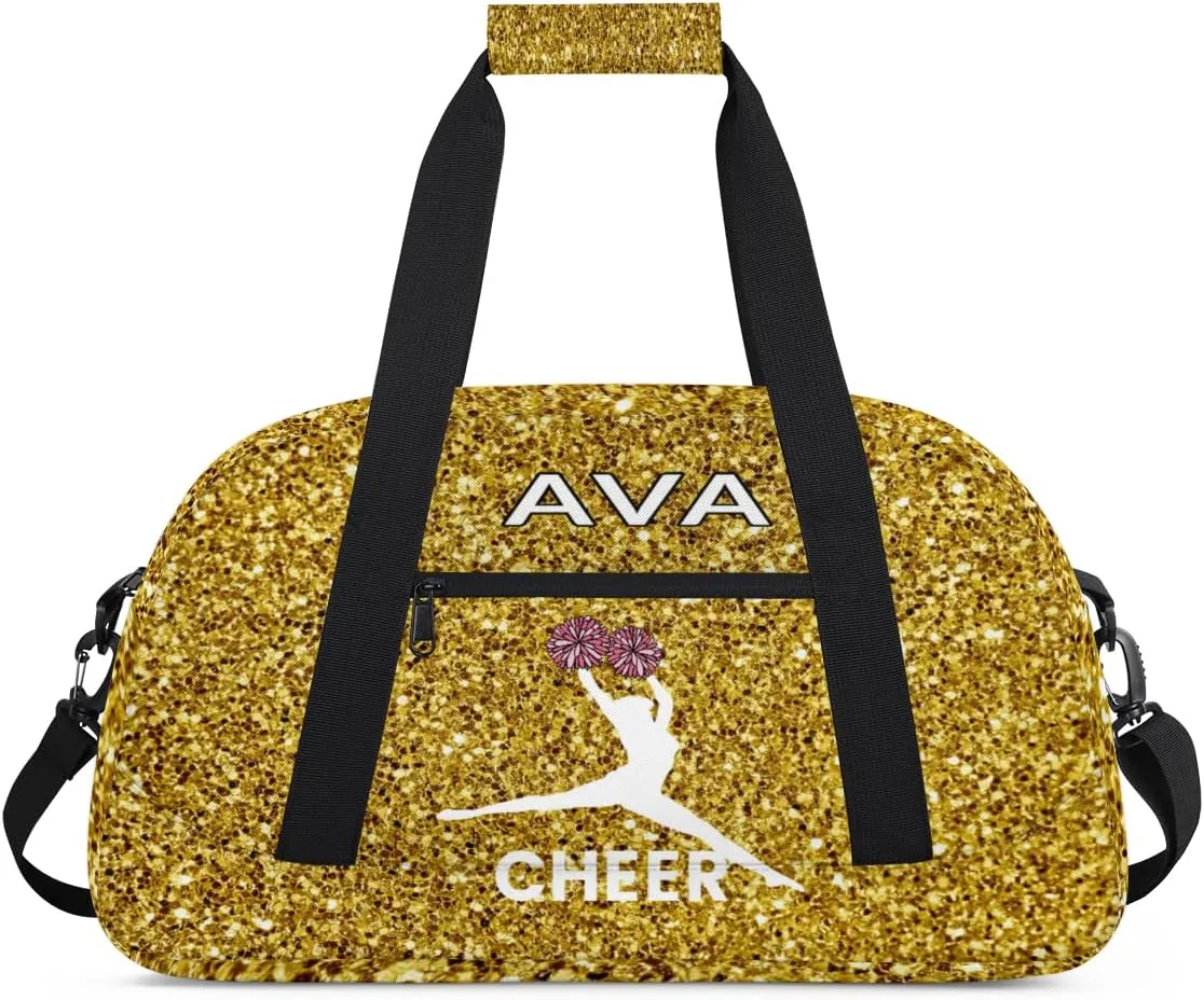 Personalized Cheer Bag Girl Sport Duffel Bag, Cheerleader Golden Glitter Pattern Customize Travel Duffle Bag with Name, Overnight Weekender Bags, School Perform Cheer Bag