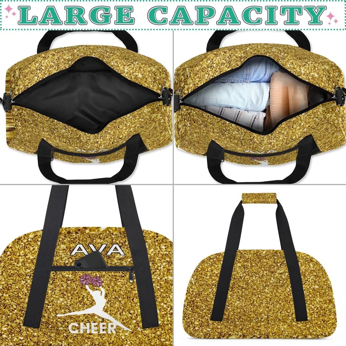 Personalized Cheer Bag Girl Sport Duffel Bag, Cheerleader Golden Glitter Pattern Customize Travel Duffle Bag with Name, Overnight Weekender Bags, School Perform Cheer Bag