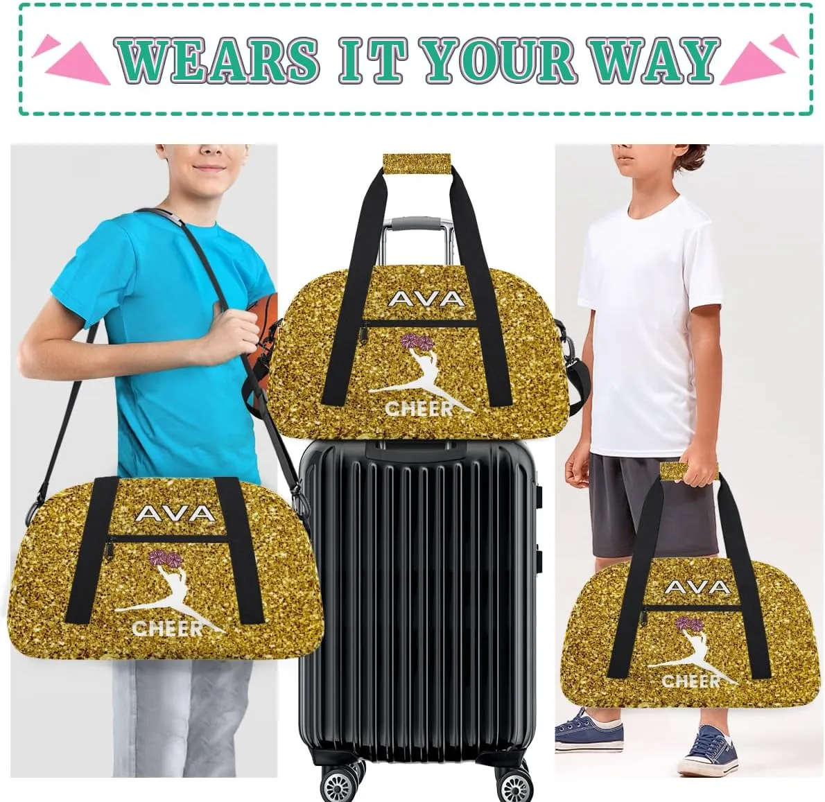 Personalized Cheer Bag Girl Sport Duffel Bag, Cheerleader Golden Glitter Pattern Customize Travel Duffle Bag with Name, Overnight Weekender Bags, School Perform Cheer Bag