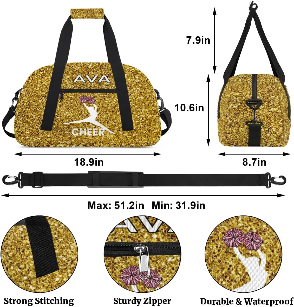 Personalized Cheer Bag Girl Sport Duffel Bag, Cheerleader Golden Glitter Pattern Customize Travel Duffle Bag with Name, Overnight Weekender Bags, School Perform Cheer Bag