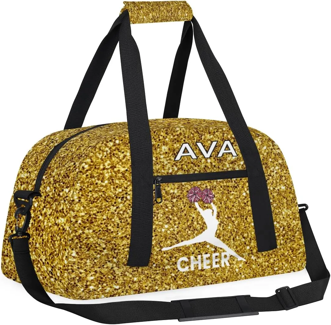 Personalized Cheer Bag Girl Sport Duffel Bag, Cheerleader Golden Glitter Pattern Customize Travel Duffle Bag with Name, Overnight Weekender Bags, School Perform Cheer Bag