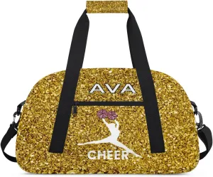 Personalized Cheer Bag Girl Sport Duffel Bag, Cheerleader Golden Glitter Pattern Customize Travel Duffle Bag with Name, Overnight Weekender Bags, School Perform Cheer Bag