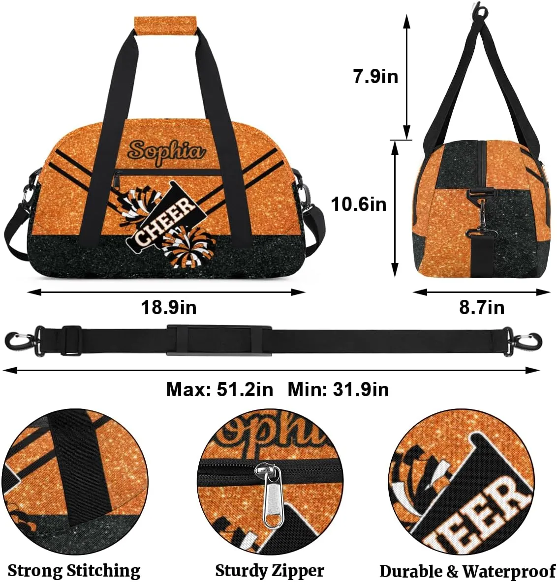 Personalized Cheer Bag Girl Sport Duffel Bag, Custom Kids Gym Bag, Customize Travel Duffle Bag with Name, Overnight Weekender Bags,Glitter Orange, Cheerleading Gifts