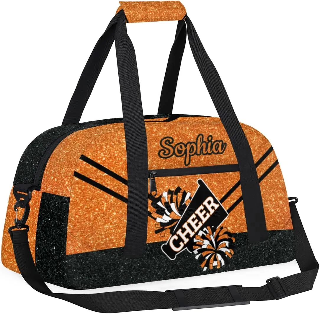 Personalized Cheer Bag Girl Sport Duffel Bag, Custom Kids Gym Bag, Customize Travel Duffle Bag with Name, Overnight Weekender Bags,Glitter Orange, Cheerleading Gifts