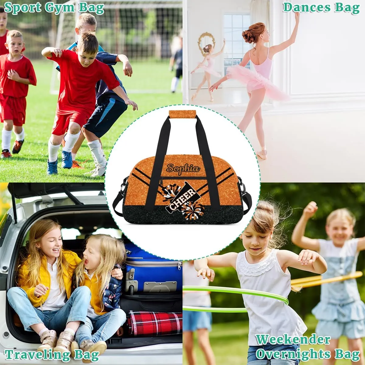 Personalized Cheer Bag Girl Sport Duffel Bag, Custom Kids Gym Bag, Customize Travel Duffle Bag with Name, Overnight Weekender Bags,Glitter Orange, Cheerleading Gifts
