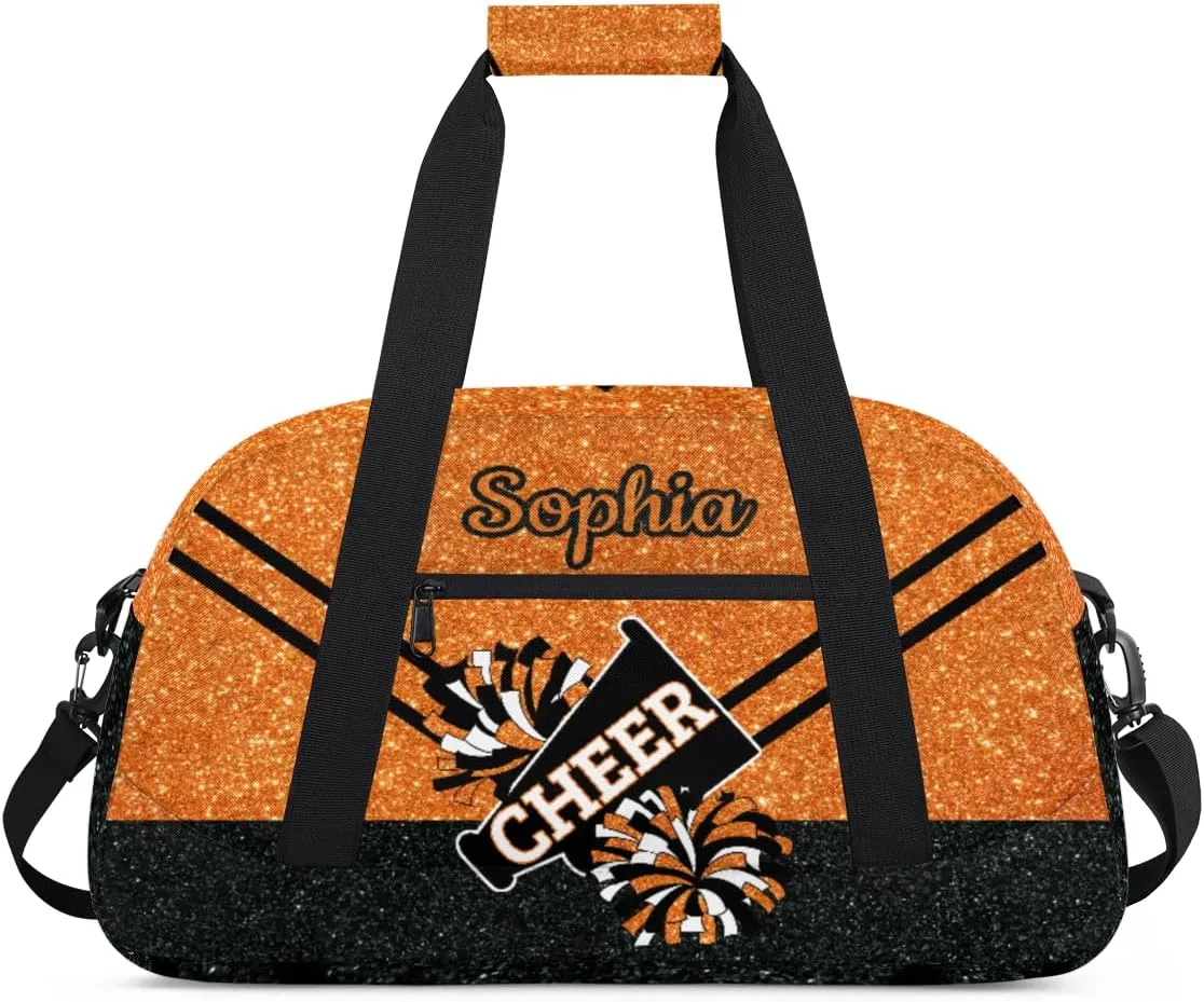 Personalized Cheer Bag Girl Sport Duffel Bag, Custom Kids Gym Bag, Customize Travel Duffle Bag with Name, Overnight Weekender Bags,Glitter Orange, Cheerleading Gifts