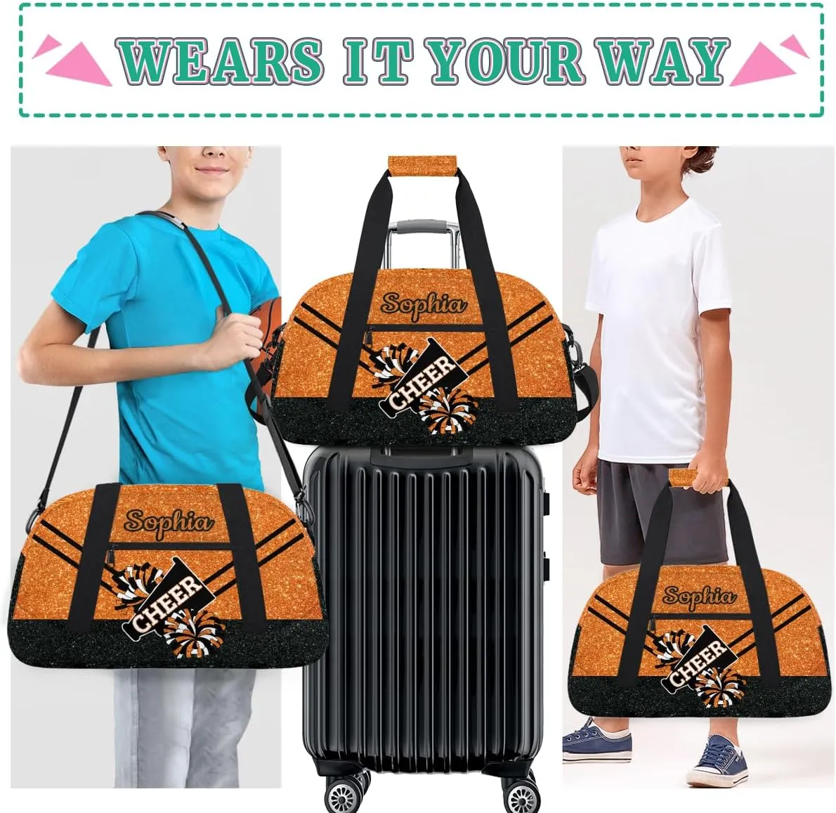 Personalized Cheer Bag Girl Sport Duffel Bag, Custom Kids Gym Bag, Customize Travel Duffle Bag with Name, Overnight Weekender Bags,Glitter Orange, Cheerleading Gifts