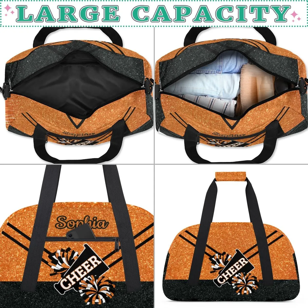 Personalized Cheer Bag Girl Sport Duffel Bag, Custom Kids Gym Bag, Customize Travel Duffle Bag with Name, Overnight Weekender Bags,Glitter Orange, Cheerleading Gifts