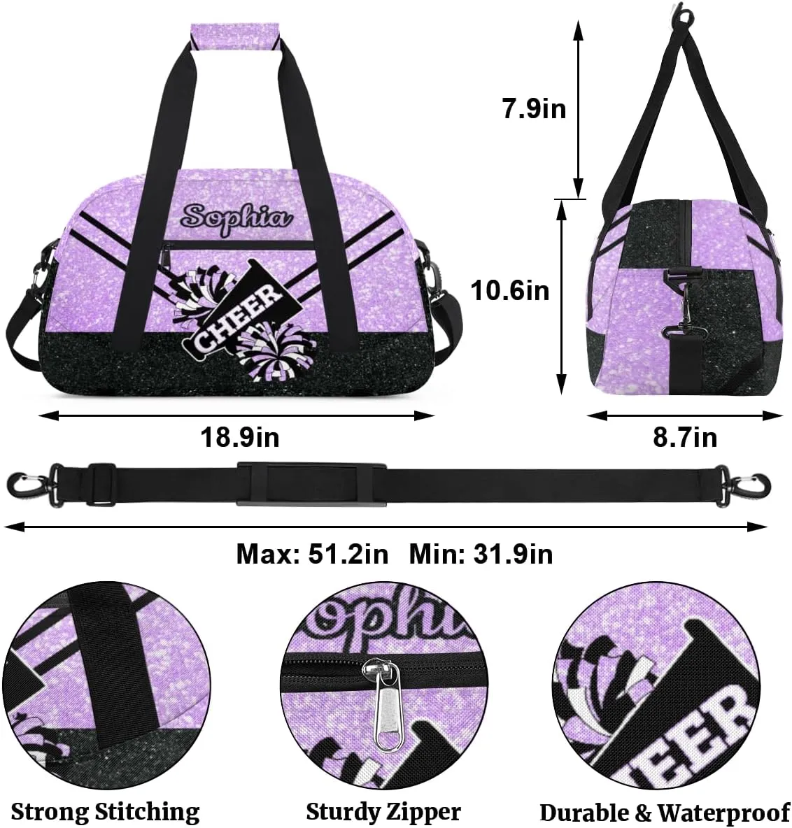 Personalized Cheer Bag Girl Sport Duffel Bag, Custom Kids Gym Bag, Customize Travel Duffle Bag with Name, Overnight Weekender Bags,Glitter Purple, Cheerleading Gifts
