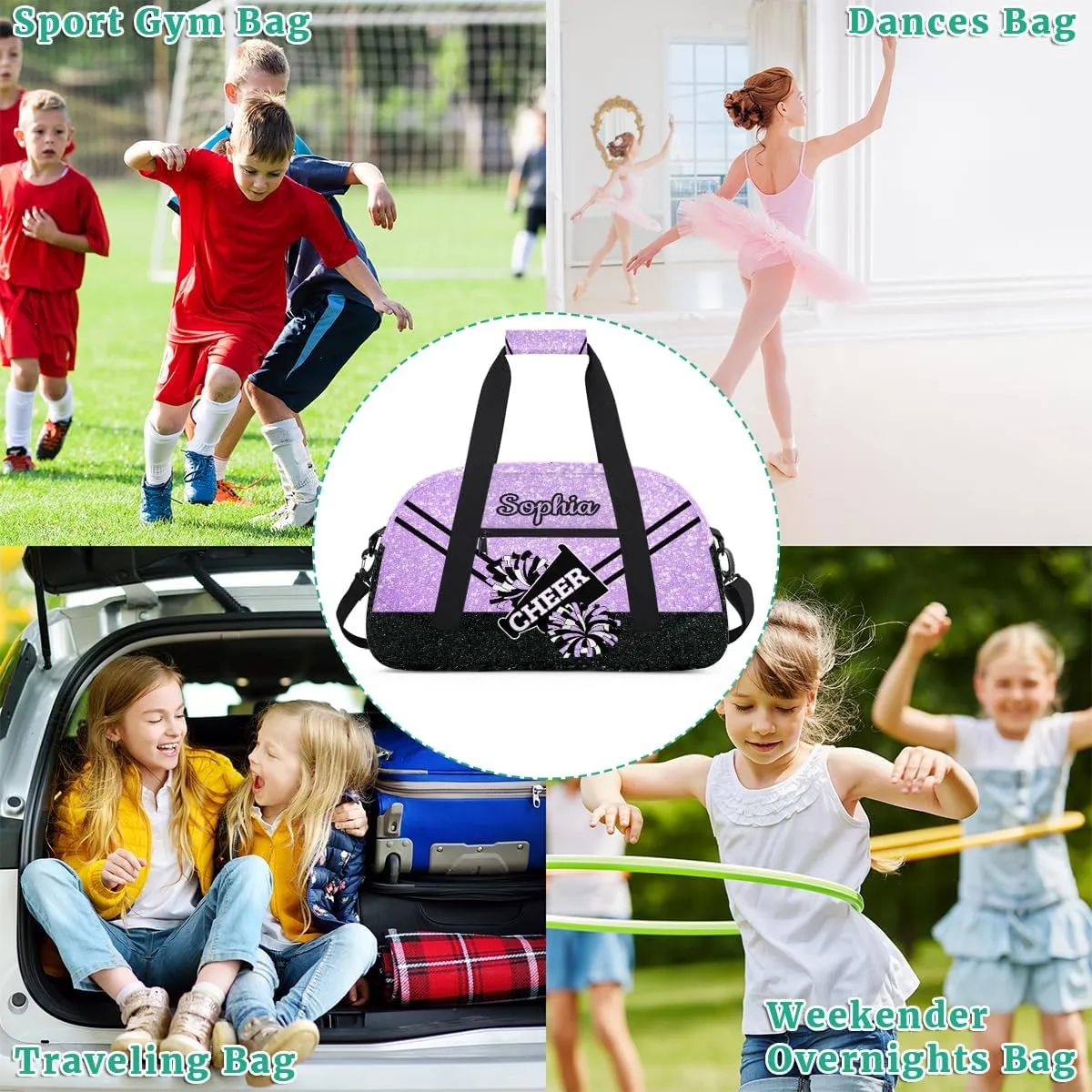 Personalized Cheer Bag Girl Sport Duffel Bag, Custom Kids Gym Bag, Customize Travel Duffle Bag with Name, Overnight Weekender Bags,Glitter Purple, Cheerleading Gifts