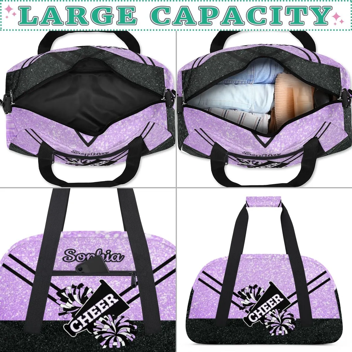 Personalized Cheer Bag Girl Sport Duffel Bag, Custom Kids Gym Bag, Customize Travel Duffle Bag with Name, Overnight Weekender Bags,Glitter Purple, Cheerleading Gifts