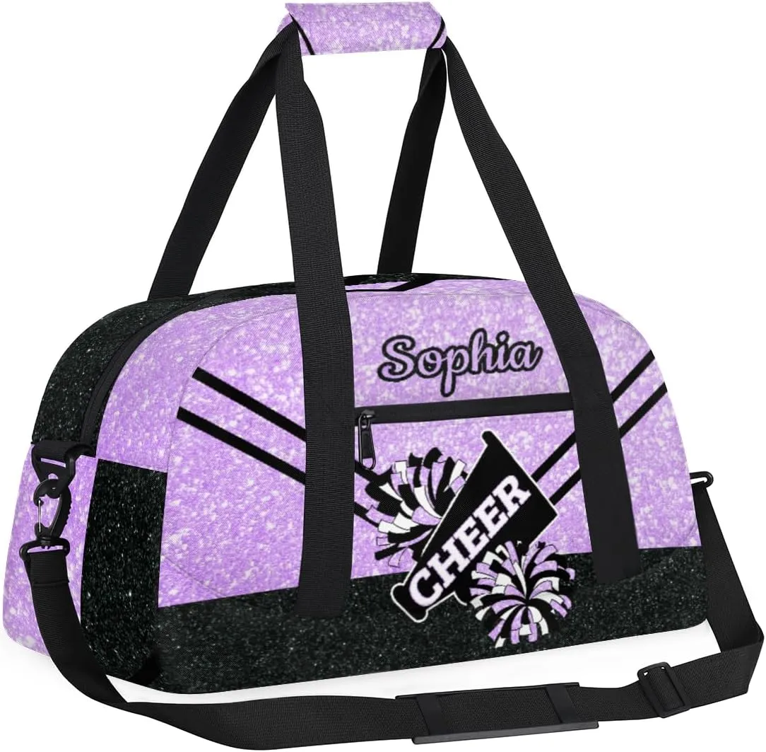 Personalized Cheer Bag Girl Sport Duffel Bag, Custom Kids Gym Bag, Customize Travel Duffle Bag with Name, Overnight Weekender Bags,Glitter Purple, Cheerleading Gifts