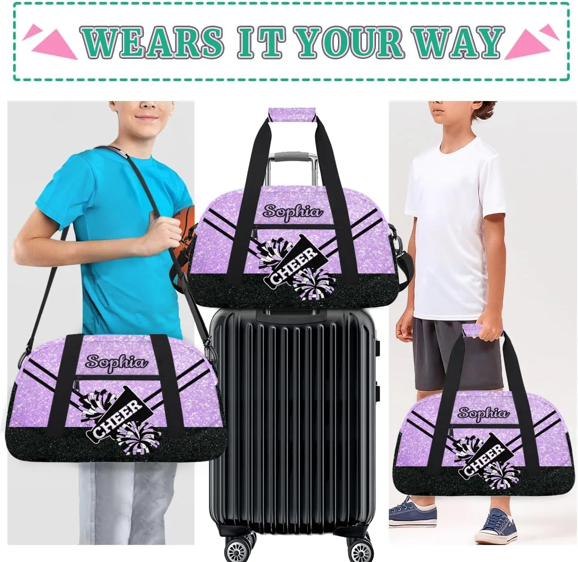 Personalized Cheer Bag Girl Sport Duffel Bag, Custom Kids Gym Bag, Customize Travel Duffle Bag with Name, Overnight Weekender Bags,Glitter Purple, Cheerleading Gifts