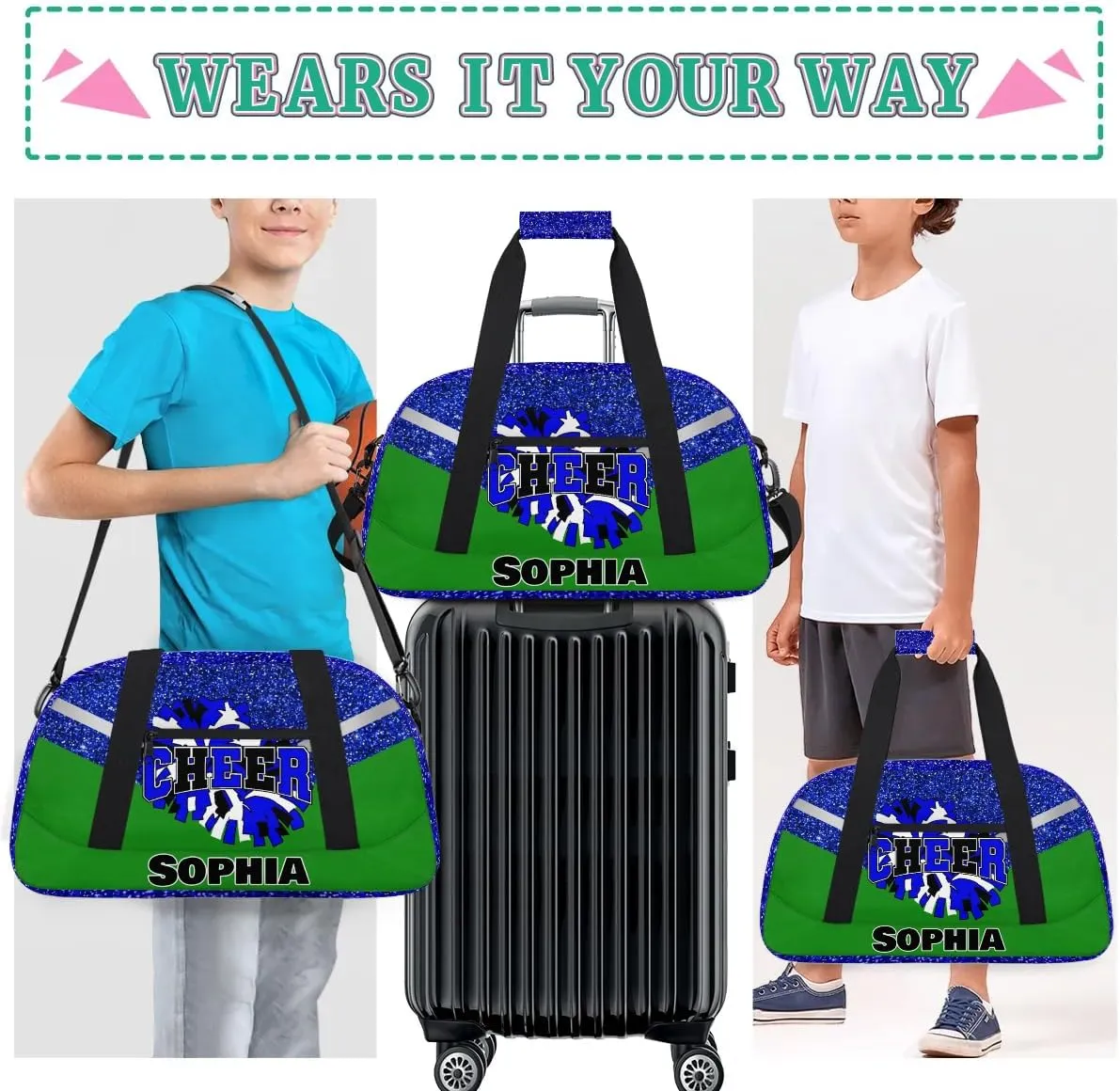 Personalized Cheer Bag Gym Bag Customized Cheerleader Sport Duffel Bag with Name, Overnight Weekender Bags for Birthday Cheerleading Gift, Glitter Blue Green