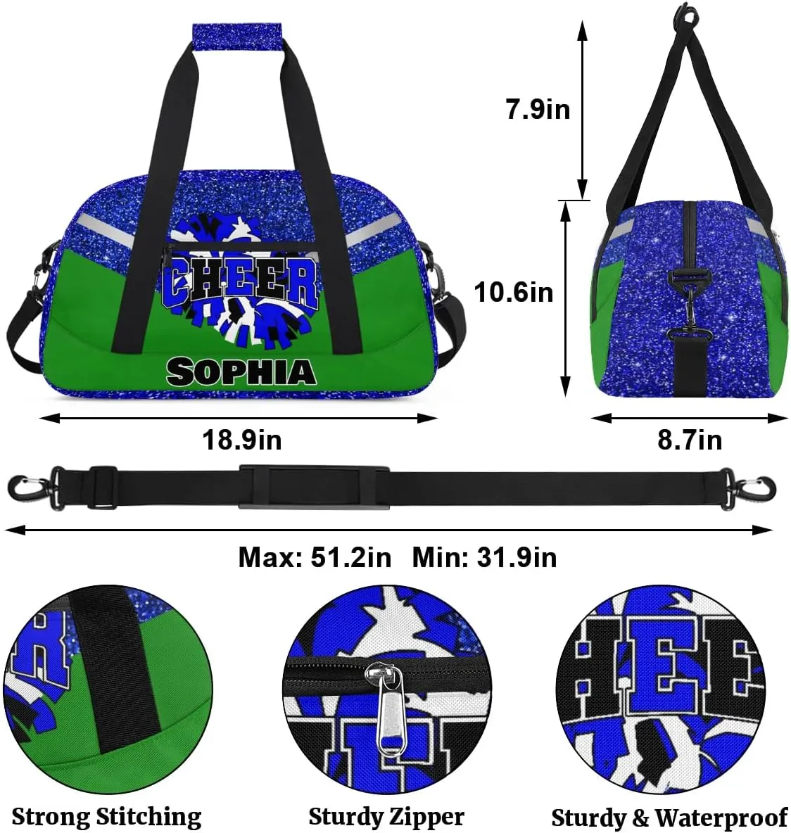 Personalized Cheer Bag Gym Bag Customized Cheerleader Sport Duffel Bag with Name, Overnight Weekender Bags for Birthday Cheerleading Gift, Glitter Blue Green