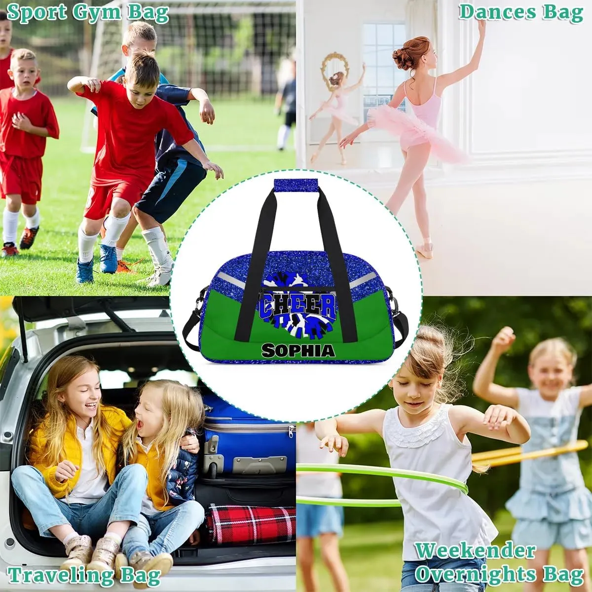 Personalized Cheer Bag Gym Bag Customized Cheerleader Sport Duffel Bag with Name, Overnight Weekender Bags for Birthday Cheerleading Gift, Glitter Blue Green