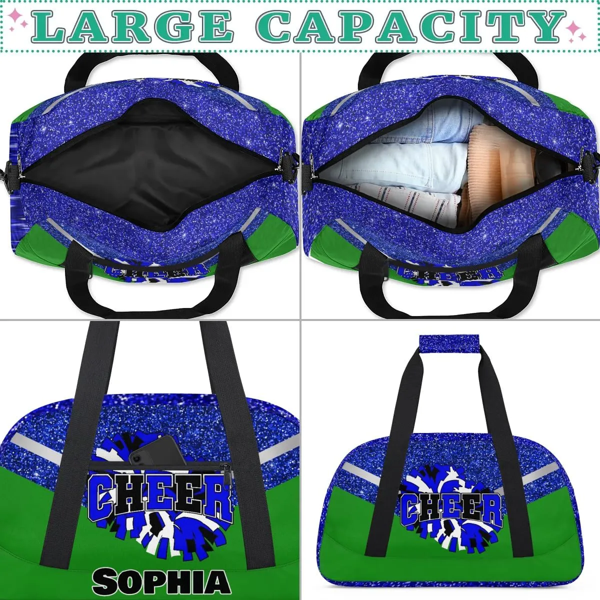 Personalized Cheer Bag Gym Bag Customized Cheerleader Sport Duffel Bag with Name, Overnight Weekender Bags for Birthday Cheerleading Gift, Glitter Blue Green