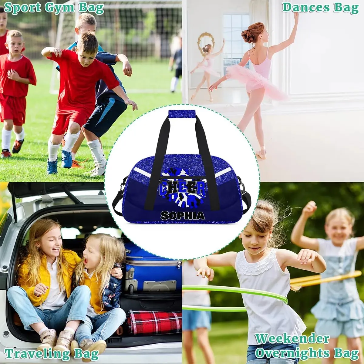 Personalized Cheer Bag Gym Bag Customized Cheerleader Sport Duffel Bag with Name, Overnight Weekender Bags for Birthday Cheerleading Gift, Glitter Blue