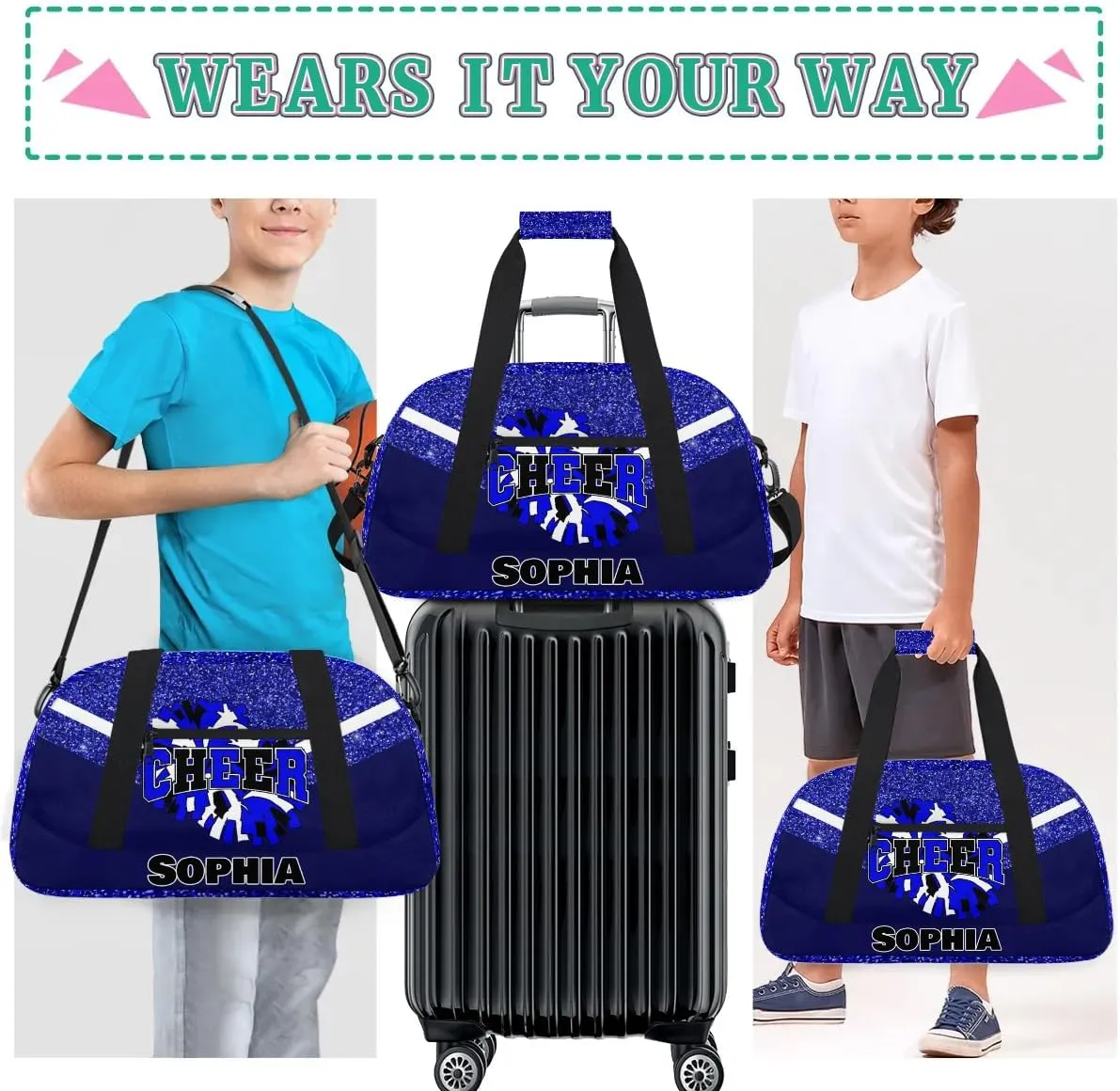 Personalized Cheer Bag Gym Bag Customized Cheerleader Sport Duffel Bag with Name, Overnight Weekender Bags for Birthday Cheerleading Gift, Glitter Blue