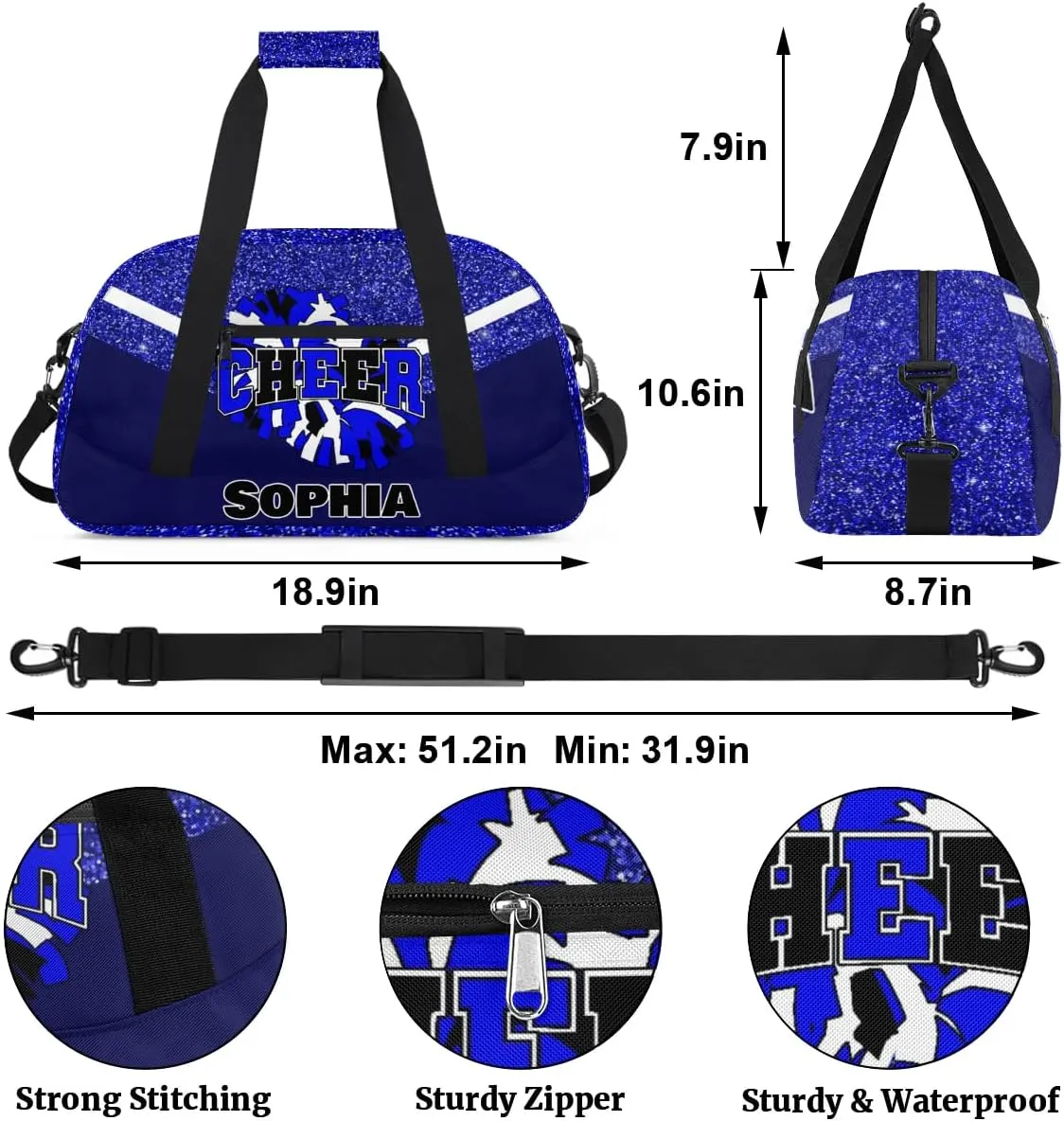 Personalized Cheer Bag Gym Bag Customized Cheerleader Sport Duffel Bag with Name, Overnight Weekender Bags for Birthday Cheerleading Gift, Glitter Blue